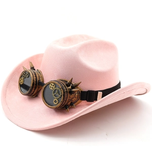 Detail view of pink suede cowboy hat with steampunk goggles and gold gear accents