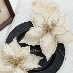 Elegant 30cm white velvet poinsettia Christmas flower with gold glitter edges decoration