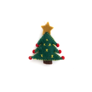 Handmade green wool felt Christmas tree ornament with red pom-poms and yellow star detail