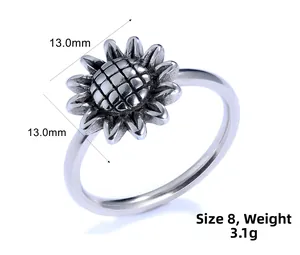 Macro view of vintage silver sunflower ring showing 13mm floral details and size 8 specs