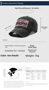 Size chart for unisex vintage denim baseball cap with detailed brim and crown measurements