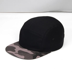 Side view of black 5-panel camper cap with grey camo brim in cotton canvas material