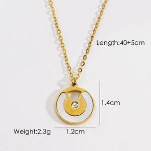 Detail of gold steel necklace with white shell inlay pendant and size measurements