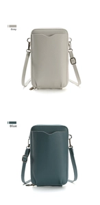 Bolsos verticales para móvil en gris y azul con textura litchi y herrajes de plata