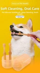 Detail of soft silicone pet toothbrush set with long handles for cats and dogs cleaning