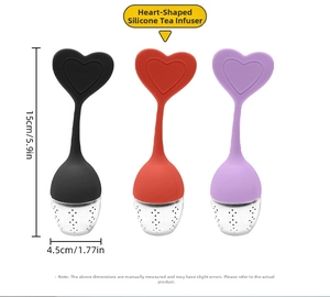 Detail of heart tea infuser showing 15cm length and stainless steel mesh in three colors