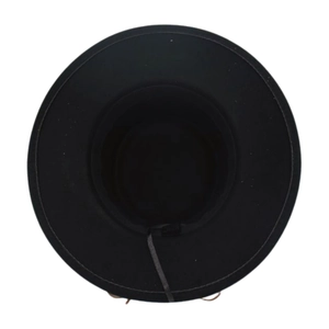 Detail view showing adjustable internal drawstring for black wool felt wide brim fedora hat