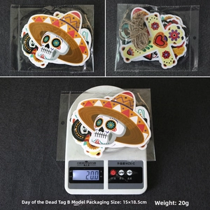 Detail view of Day of the Dead paper tags with size 15x18.5cm and 20g weight packaging