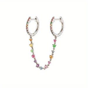 Boucles d'oreilles doubles à chaîne sertie de zircons arc-en-ciel multicolores