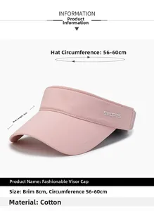 Detail view of pink cotton sun visor showing 8cm brim size and SPORTS side lettering