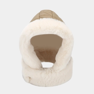 Plush khaki trapper hat with white faux rabbit fur lining and ear flaps for winter warmth