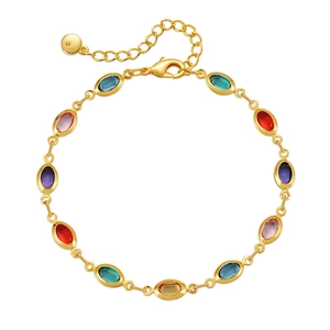 Bohemian 18K gold plated chain bracelet with colorful acrylic oval stones and lobster clasp