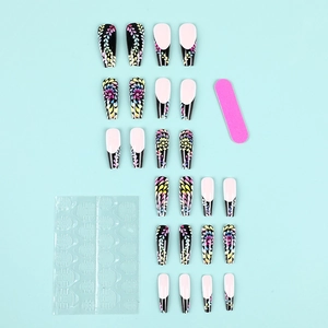 Detailed set of 24 ballerina fake nails with black floral patterns and application tools