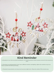 Detail of wooden Merry Christmas gnomes ornaments with red wooden beads and twine