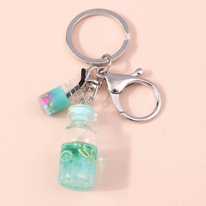 Fresh fruit wishing bottle keychain with lemon slice and colorful liquid for handbags