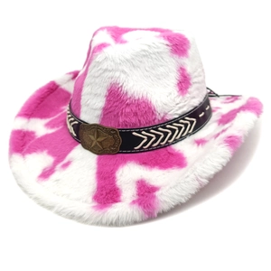 Pink and white cow print plush western cowboy hat with vintage star buckle