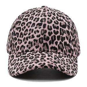 Detail of pink leopard print suede texture on women's baseball cap with curved brim