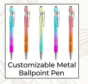 Close-up of five gradient color metal ballpoint pens with touch screen stylus tip detail
