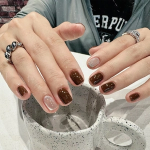Short Square Press On Nails Dark Coffee Brown Cat Eye Shimmer Minimalist Glossy False Nails For Women Manicure Art