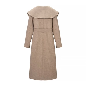 Women's stylish dual-tone wool coat with large lapel and belt in a mid-length back view