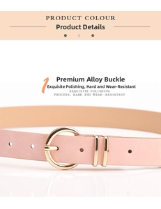 Polished gold alloy round buckle and pink nubuck leather belt with adjustable holes