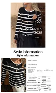 Détails de la composition du matériau et boutons dorés sur le cardigan rayé