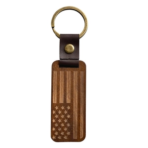 Vintage wooden USA flag keychain with leather strap and bronze metal ring accessory