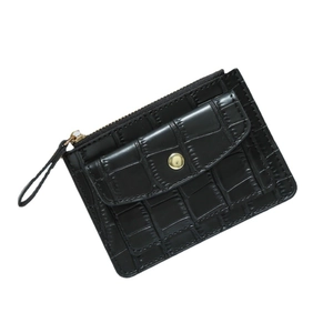 Multifunctional black crocodile embossed leather wallet with gold zipper and snap closure