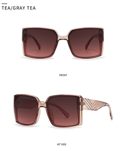 Front and side view of square oversized tea gradient sunglasses with V-texture
