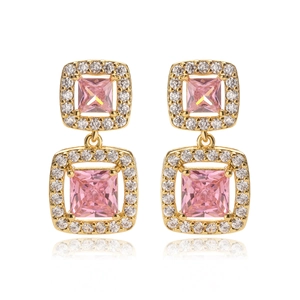 Luxurious gold-plated square drop earrings featuring pink crystals and pavé rhinestones