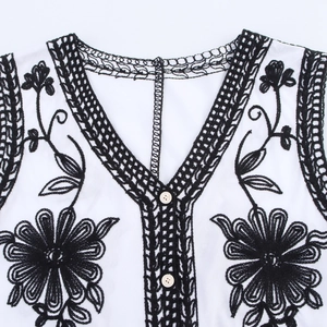 Ethnic white V-neck vest with intricate black floral embroidery and lace detailing