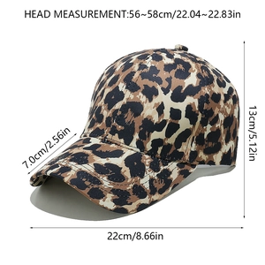Detailed measurement diagram for a vintage leopard print baseball cap with size labels
