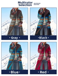 Detailed grid view of long hooded printed coats in grey, black, blue, and red colors