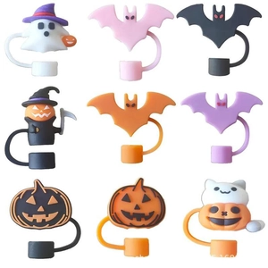 Detail of 9-piece Halloween silicone straw covers featuring ghosts, bats and pumpkins