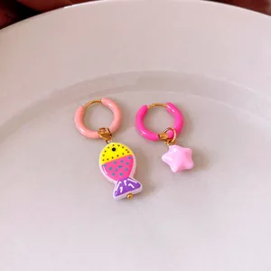 Asymmetric gold-plated fish and star drop earrings with colorful enamel details