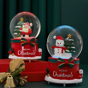 Christmas crystal ball music box with Santa and Snowman on a festive red base
