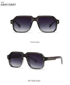 Front and side views of vintage square sunglasses with gray frames and metal rivets