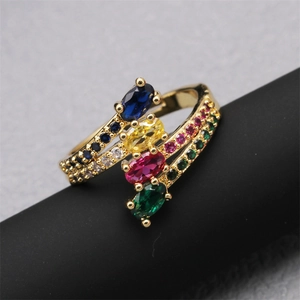 Adjustable gold snake ring with colorful zircon stones in a bypass style for women