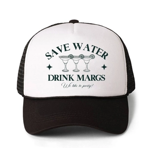Cappellino trucker classico bianco e nero con stampa Save Water Drink Margs e rete