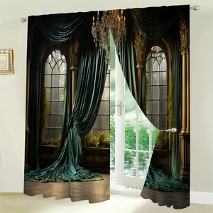 Detail of gothic style blackout curtains featuring ornate palace window print