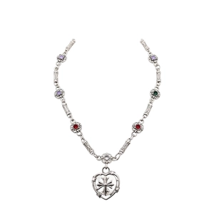 Gothic silver necklace with heart cross pendant and colorful zirconia on floral chain