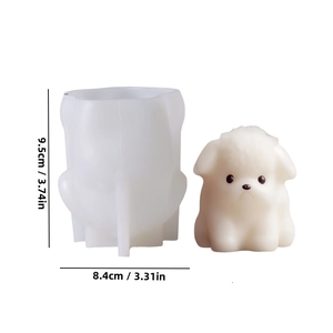 Detailed size specifications for the cartoon puppy silicone mold, 9.5cm tall and 8.4cm wide.