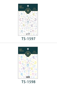 Detaillierte Bögen mit bunten Sternzeichen und Einhorn 3D-Nagelstickern TS-1597 und TS-1598