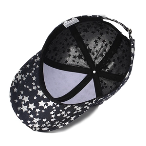 Internal structure of baseball cap with silver stars print and adjustable buckle details