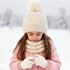Close-up of cable knit beanie with faux fur pom pom, warm neck gaiter and gloves set