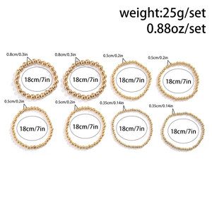Detailed size specs for 8pcs gold bead bracelet set featuring mixed bead diameters