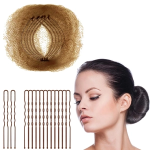 Brown hair bun maker set with synthetic fiber donut ring and metal U-shaped hairpins