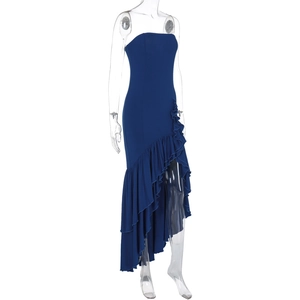 Detail of navy blue tube dress featuring elegant asymmetric ruffled hem and slim fit cut