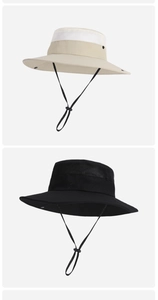 Detail of outdoor sun hats showing breathable mesh vents and adjustable chin straps