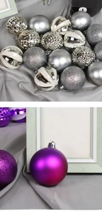 Detailed view of 6cm silver and purple Christmas balls with matte and glitter finishes
